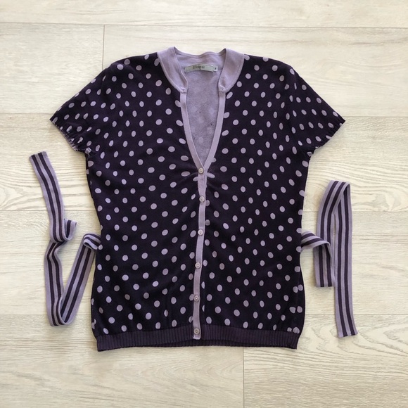 Silkwear Purple Polka Dot Buttoned V-Neck Belted Knit Cardigan Top Blouse - Picture 11 of 16